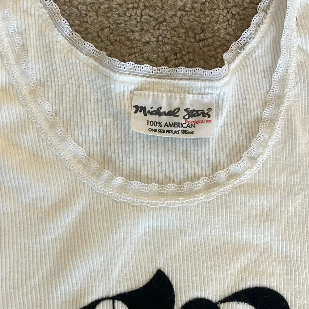 Vintage Michael Stars white wife beater with lace trim "love" One Size - Picture 3 of 5